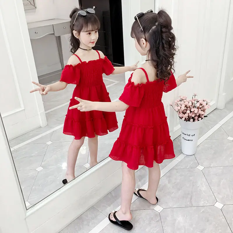 Váy Bé Gái, Chất Liệu Voan Trễ Vai, Màu Trơn Thích Hợp Cho Bé 3-5-7-8 Tuổi, Váy Công Chúa Bé Gái, Phong Cách Phương Tây, Hàng Mới Về Cho Mùa Hè