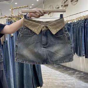 DENIM MINI SKIRT MOTIF PINGGANG LIPAT (SUDAH ADA FURING CELANA) - R031 [855]