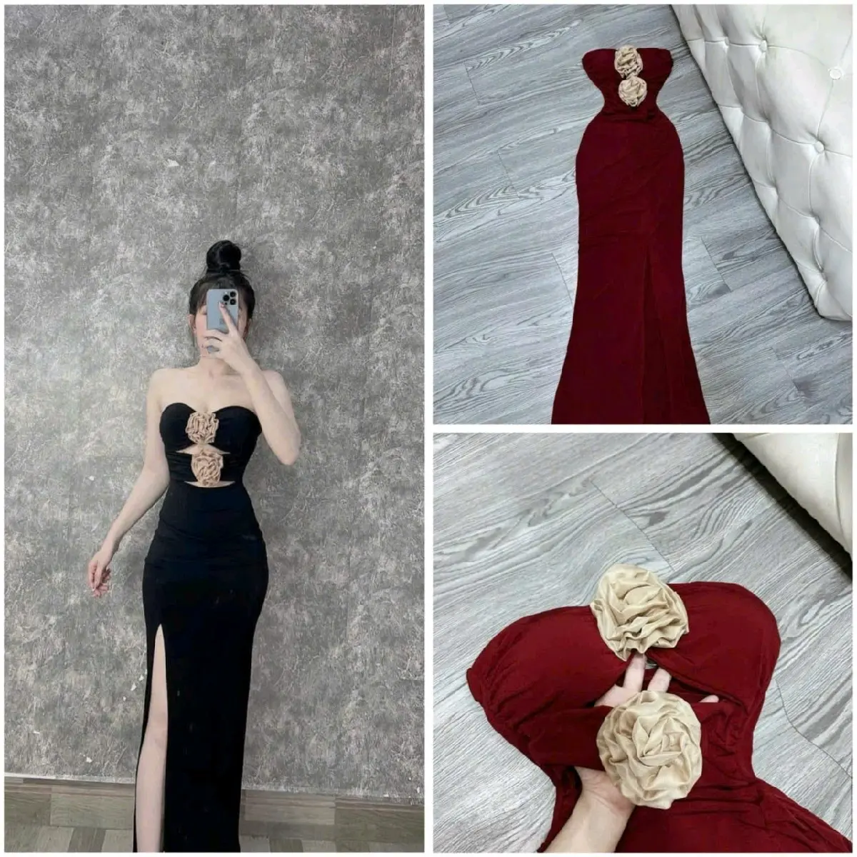 Đầm body cúp ngực đính hoa ngực dáng dài xẻ tà ang chảnh _ Chất thun ladong