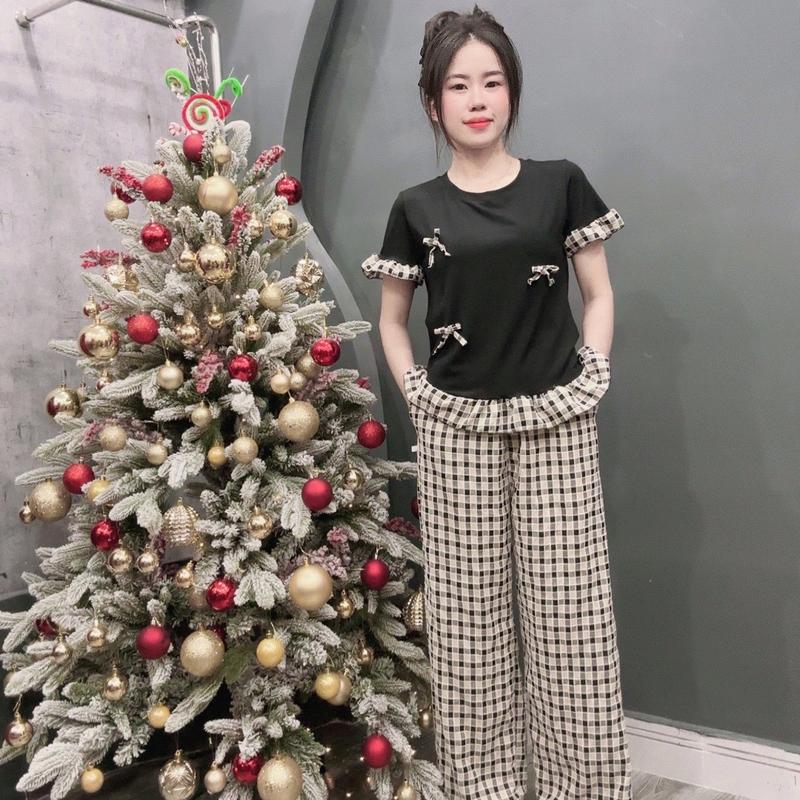 Sét bộ áo xoè bèo phối quần suông caro nhung thời trang  Women Nữ 2