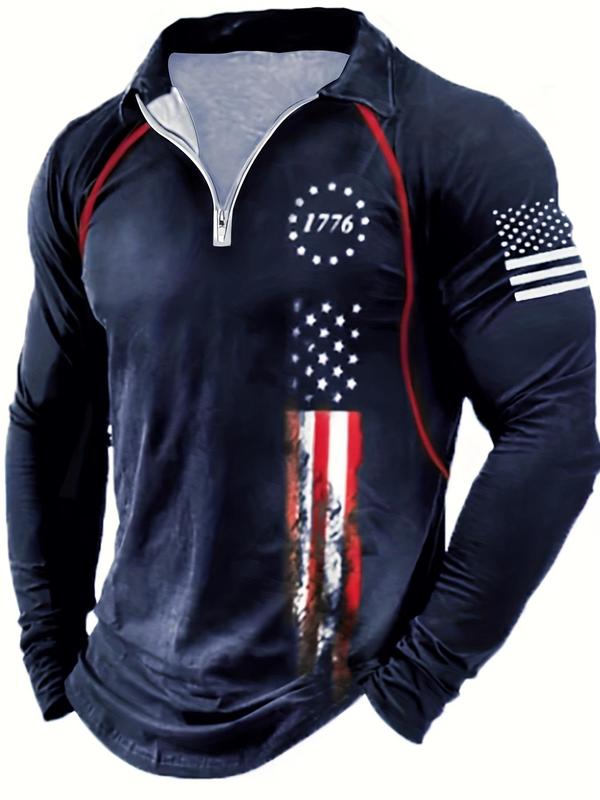 Men's Star & Figure Print Zip Up Polo Shirt, Casual Raglan Sleeve Collared Top for Daily Outdoor Sport, Fashion Men's Clothes for All Seasons, Streetwear 4