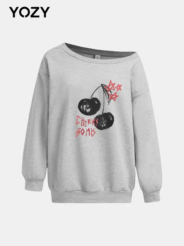 YOZY Women's Lip/Cherry/Billiard Ball Print Asymmetrical Neck Sweatshirt, Casual Drop Shoulder Long Sleeve Pullover for Spring & Fall, Ladies Clothes for Daily Wear 4