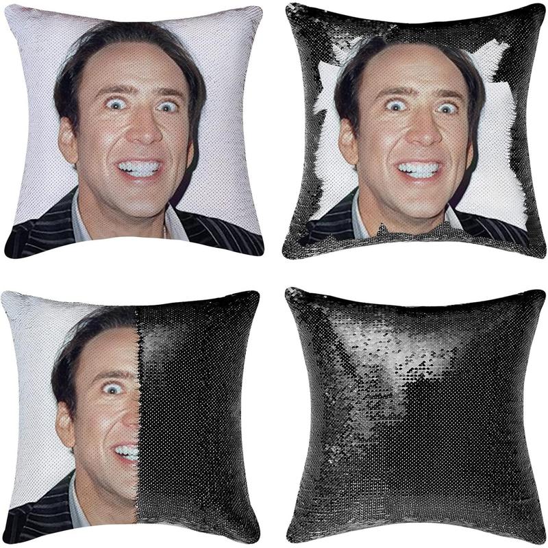 TikTok Shop Nicolas Cage Gag Gifts Sequin Pillow Cover Magic Mermaid Reversible Pillowcase Funny Gifts Decorative Cushion Cover Glitter Accent Pillow 16x16 Inches Black