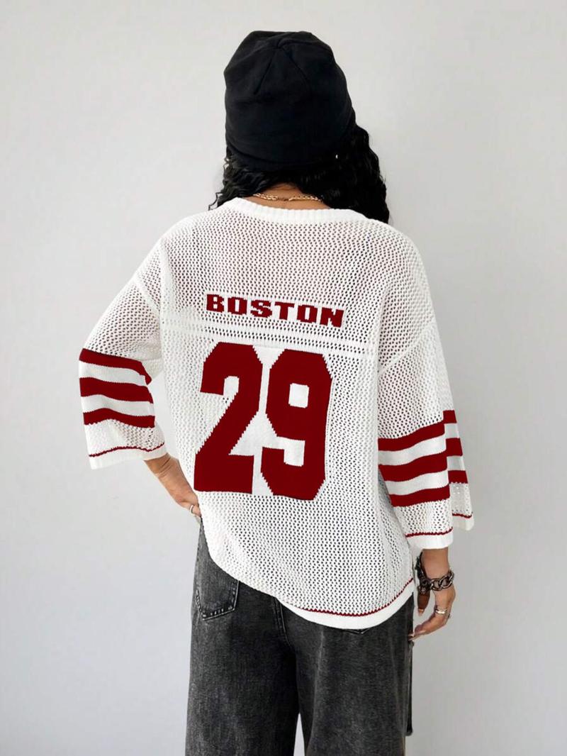 Product Introduction of Women's Figure Print Hollow Out Sweater, Casual  V Neck 3/4 Sleeve Jumper for Summer, Fashion Women's Knitwear for Daily Wear 6
