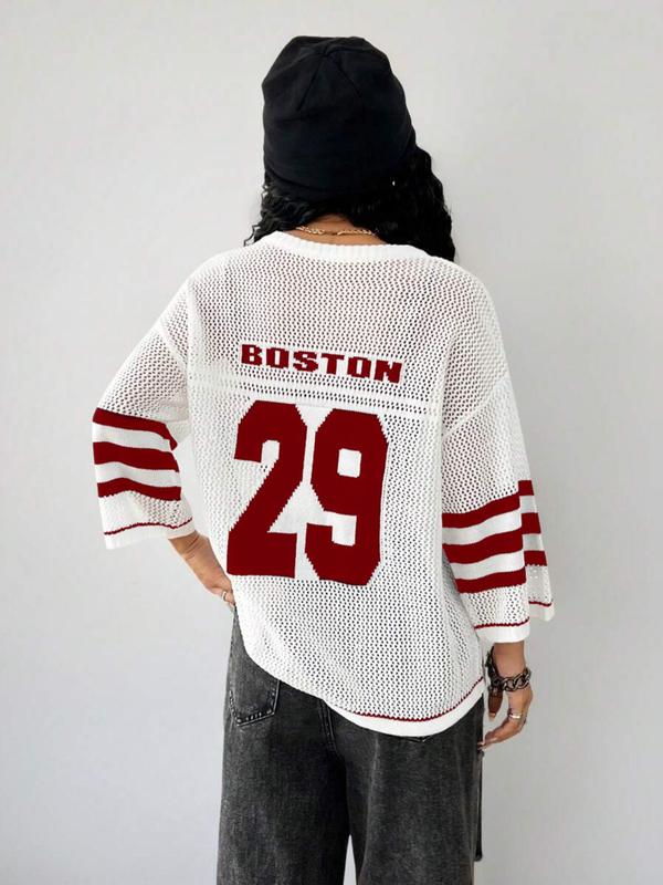 Women's Figure Print Hollow Out Sweater, Casual  V Neck 3/4 Sleeve Jumper for Summer, Fashion Women's Knitwear for Daily Wear 5