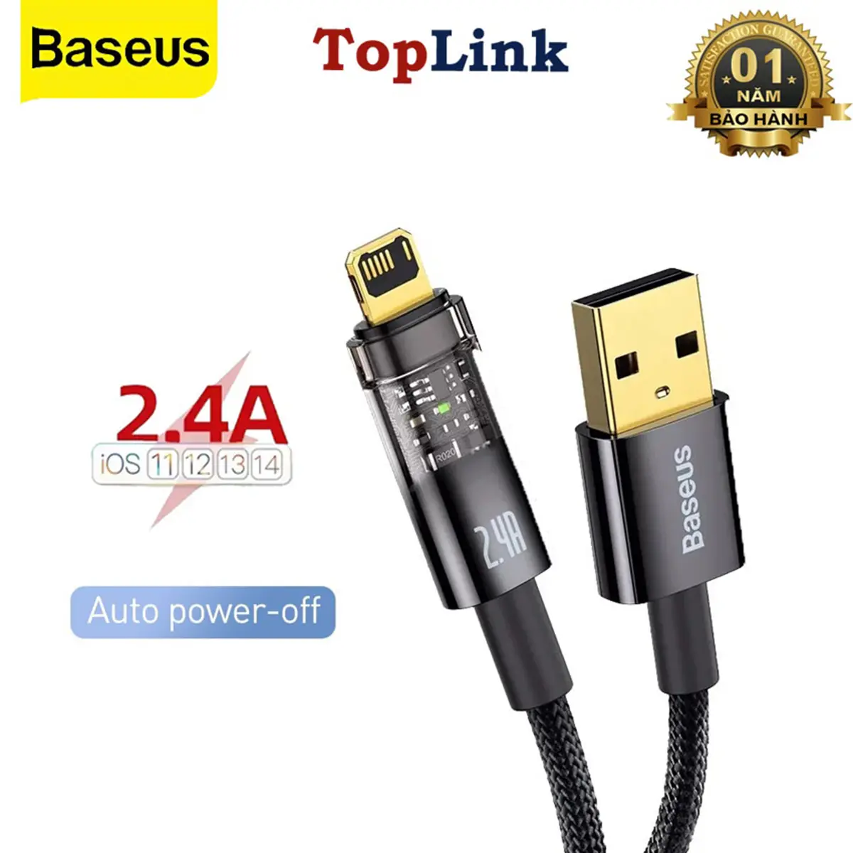 Dây Cáp Sạc Nhanh USB ra Lightning 2.4A Tự Ngắt Baseus Auto Power Off Cho iPhone iPad Airpods Không Lo Chai Pin