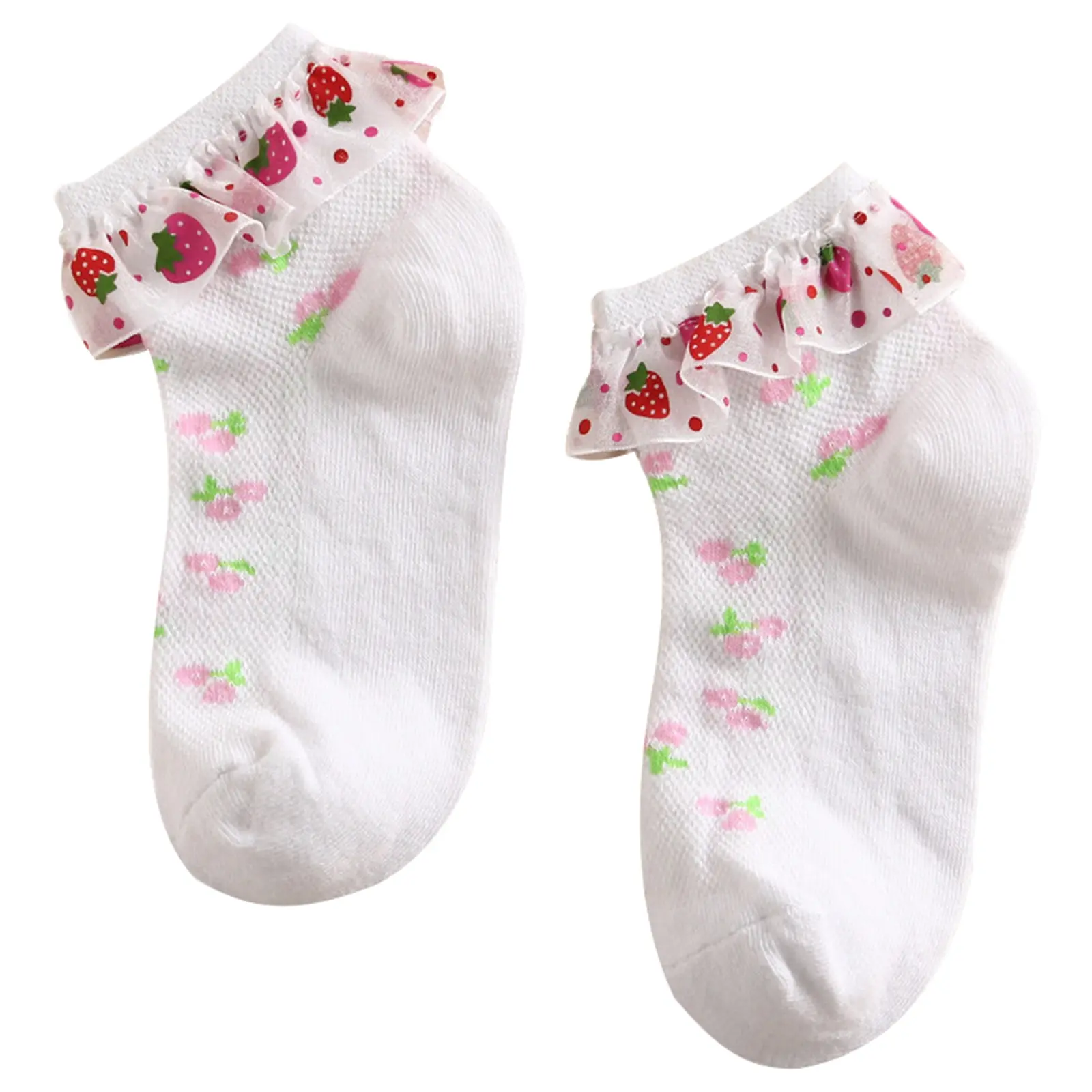 Girl Ruffle Socks Strawberry Print Eyelet Ankle Socks Breathable Socks for Summer Advised age:3-12 Months