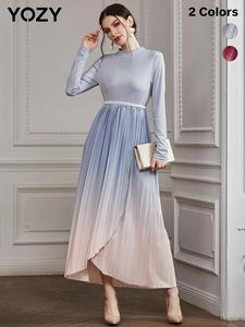 YOZY Women's Spring & Fall Thin Ombre Print Wrap Pleated A-Line Dress, Elegant Long Sleeve Round Neck Long Dresses for Dinner & Night Out, Holiday Evening Outfits, Ladies Clothes