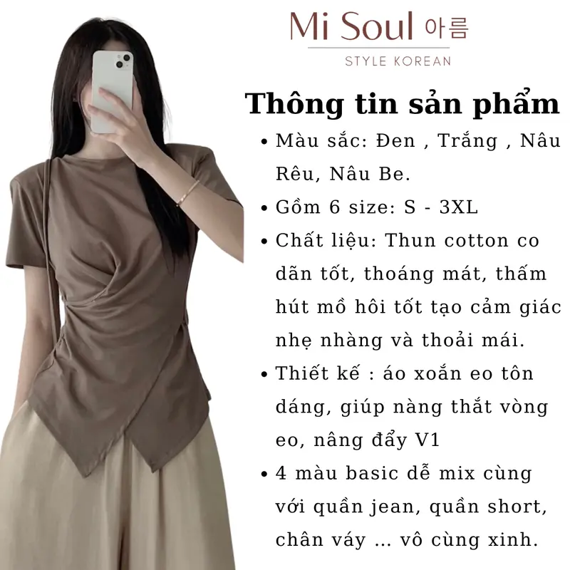 Áo Thun Xoắn Eo Cổ Tròn MiSoul BigSize , Áo Cộc Tay BigSize Vạt Chéo 199 Top Nữ Women Đen Cotton Voi 1