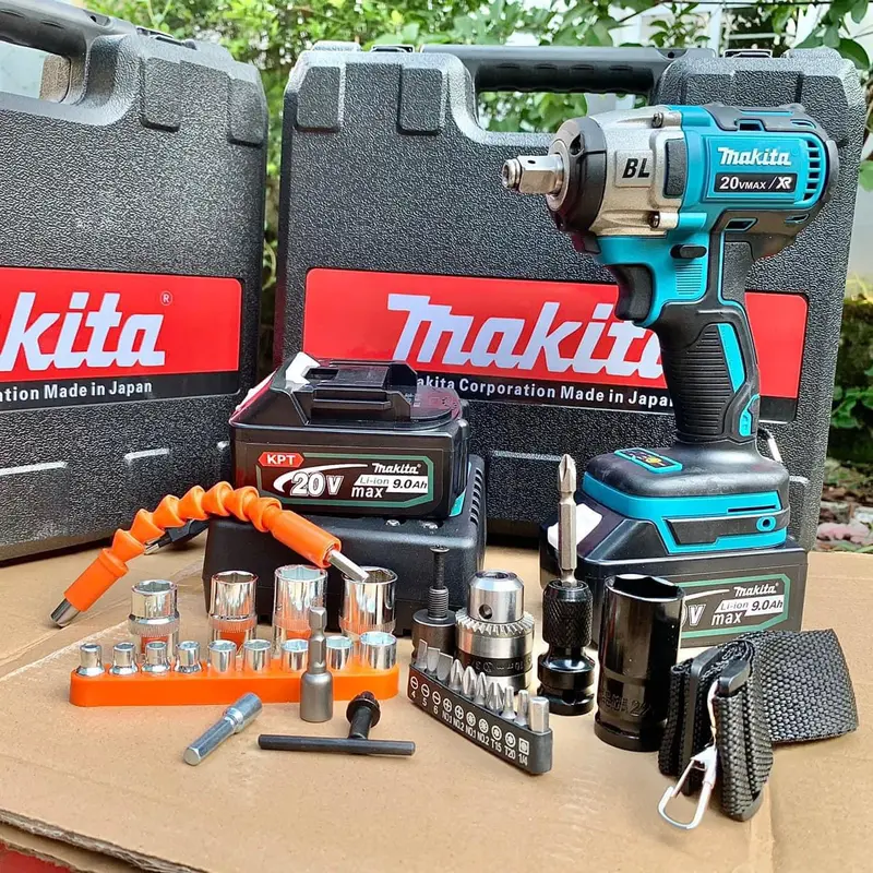 Máy Siết Bulong Makita kèm phụ kiện, máy bắn bulong, mở ốc, bắt vít, khoan, Pin 20v 10 Cell, Đầu 2 trong 1, Động cơ không chổi than 0