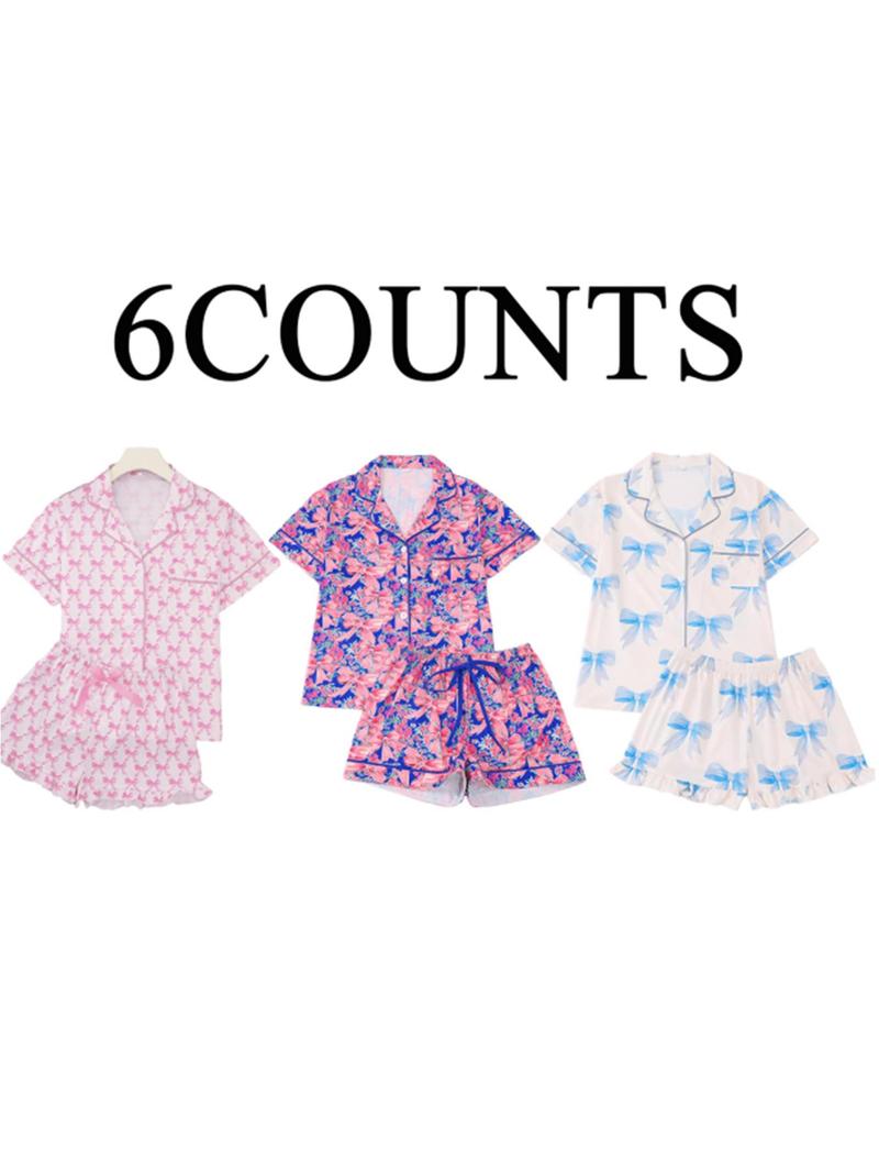 Product Introduction of Women's All Over Bow Print Short Sleeve Lapel Neck Shirt & Bow Decor Elastic Waist Shorts Pajama Two-Piece Set, Casual Comfy Button Front Chest Pocket Design Top & Ruffle Hem Shorts PJ Set, Ladies Sleepwear for Summer 7