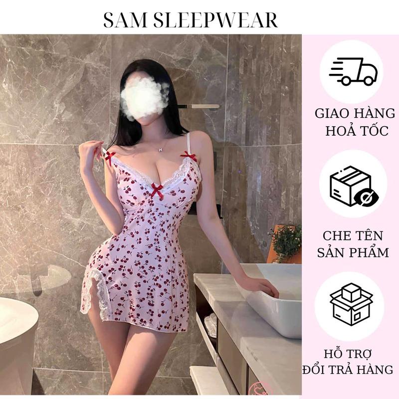 Đầm Thun Hai Dây Phối Ren Hoạ Tiết Hoa Hoa Hồng Nhí, Hoa Tulip và Trái Cherry Phối Ren Phong Cách Tiểu Thư nữ, Váy Ngủ 2 Dây Dễ Thương, Nhẹ Nhàng, Váy Ngủ Thun mặc nhà gợi cảm xinh xắn
