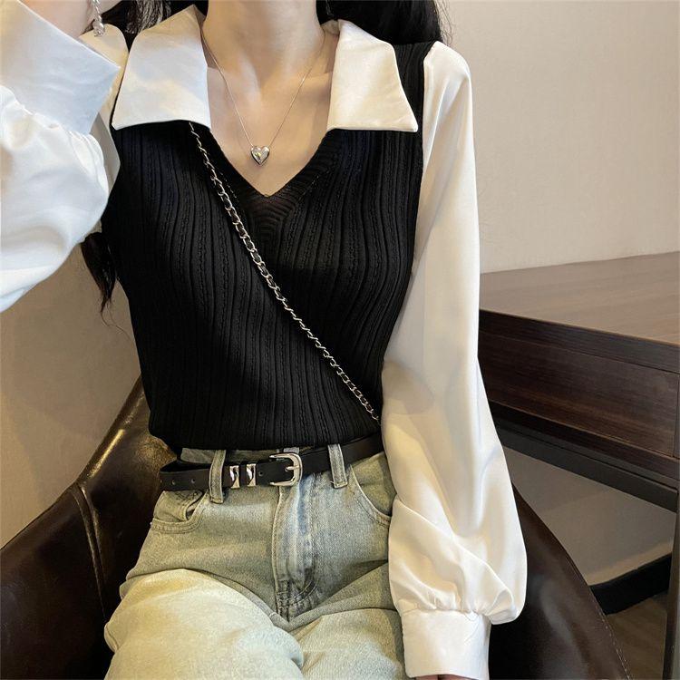 Product Introduction of Apricot Niche Shirt Women's Stitching Lapel Fake Two Pieces Design Short Knitted Top 27