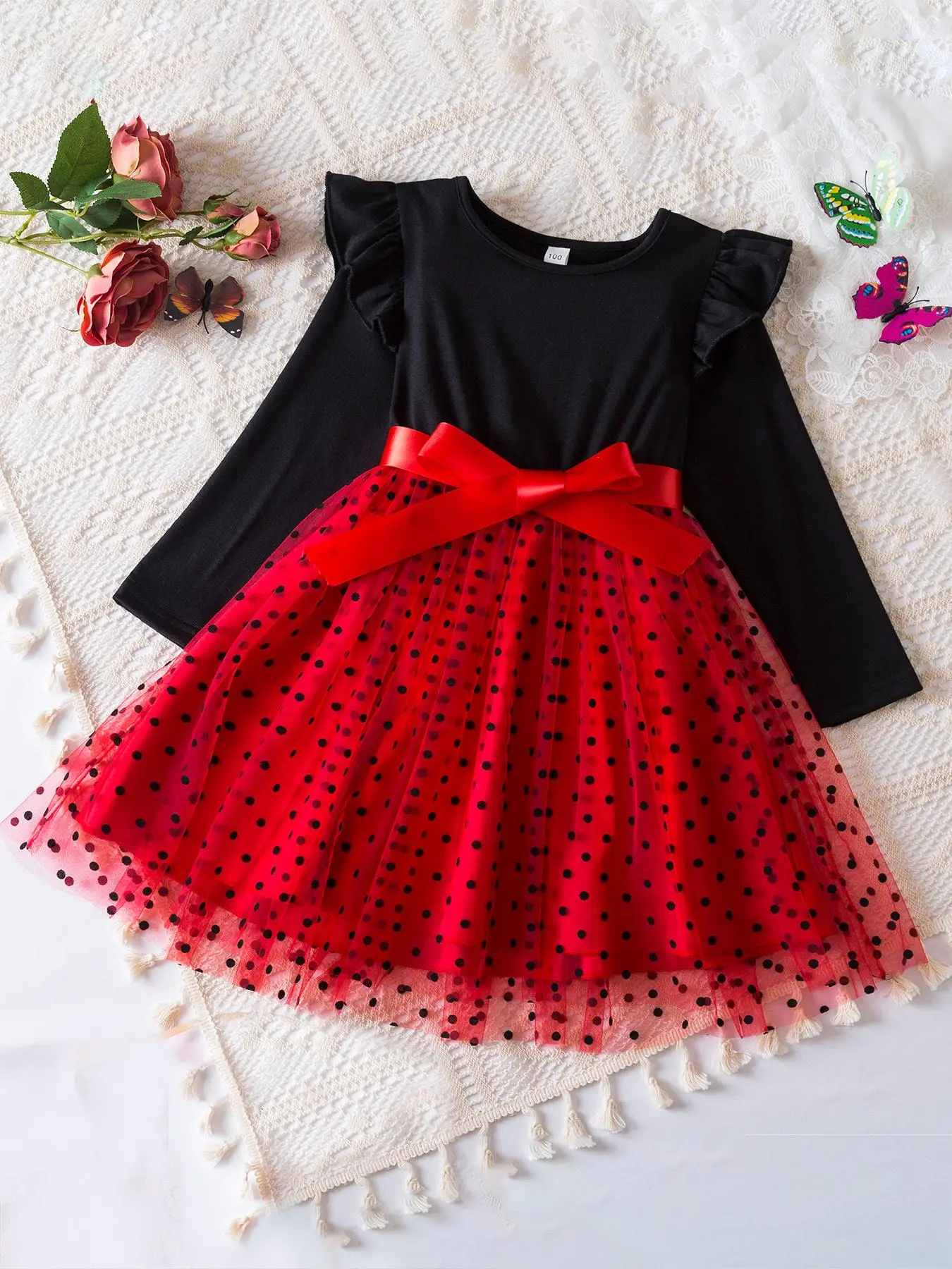 Girl's Colorblock Polka Dot Print Bow Decor A Line Dress, Elegant Ruffle Trim Long Sleeve Round Neck Dress for Party Holiday Wedding Guest, Kids Clothes for Fall & Winter,  Red Dress