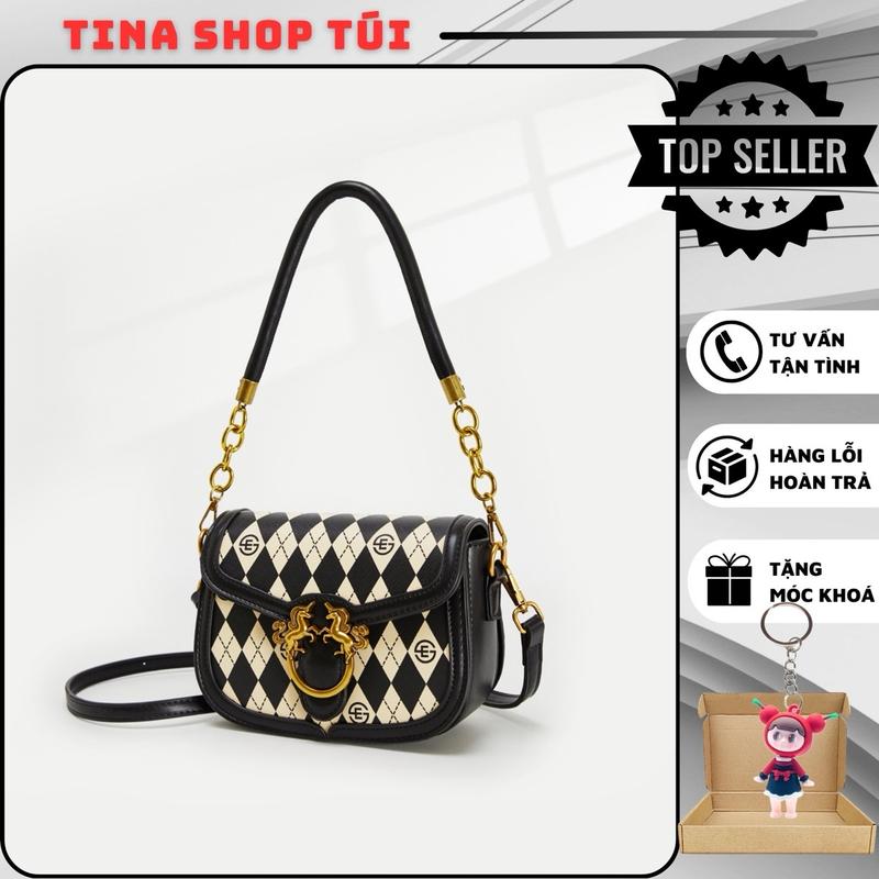 Túi xách Monica dáng bầu 2 dây đeo tag khoá hình 2con ngựa size 21cm Bag Da 