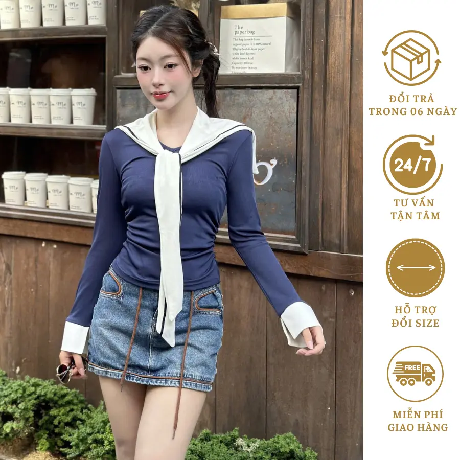Áo thun nữ  dài tay kèm khăn choàng dáng baby tee đơn giản hottrend mùa thu đông 2024 Zalynn SM24 Women Top somi hot sơ  minu áo  kiểu