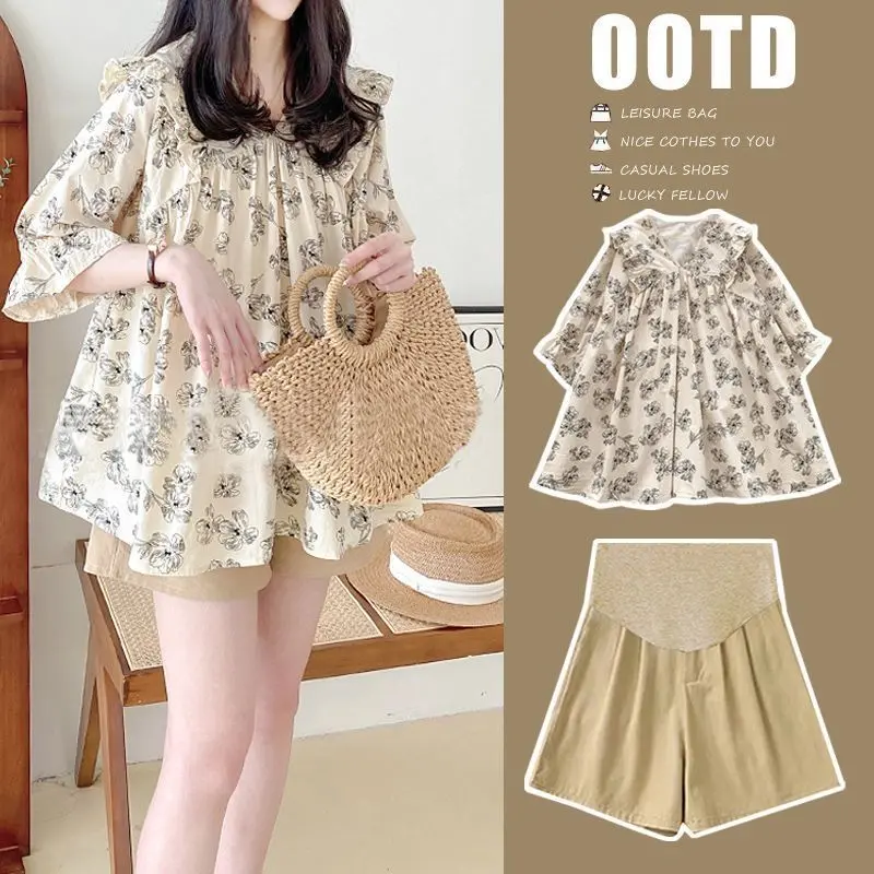 Bộ Đồ Bà Mang Thai, Thời Trang Mùa Hè, Áo Sơ Mi Búp Bê Giấu Bụng, Áo Dáng Rộng, Quần Đùi Hỗ Trợ Bà Mang Thai, Bộ Đồ Hai Mảnh Thường Ngày Ngoài Trời Váy Bầu Đầm Bầu