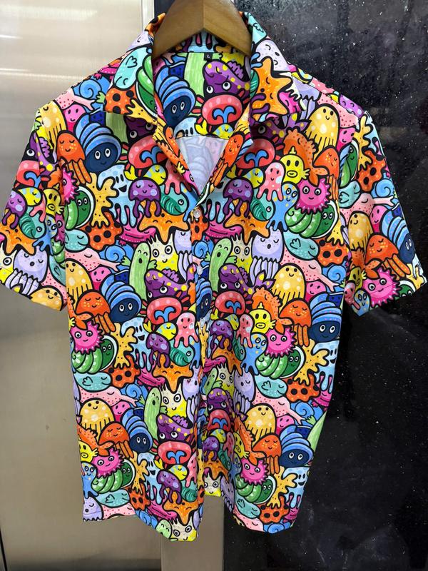 Áo Sơ Mi Cuban Hoạt Tiết Bạch Tuộc Vải Lụa Siêu Mịn Nam Cổ Cuban Menswear Shirt