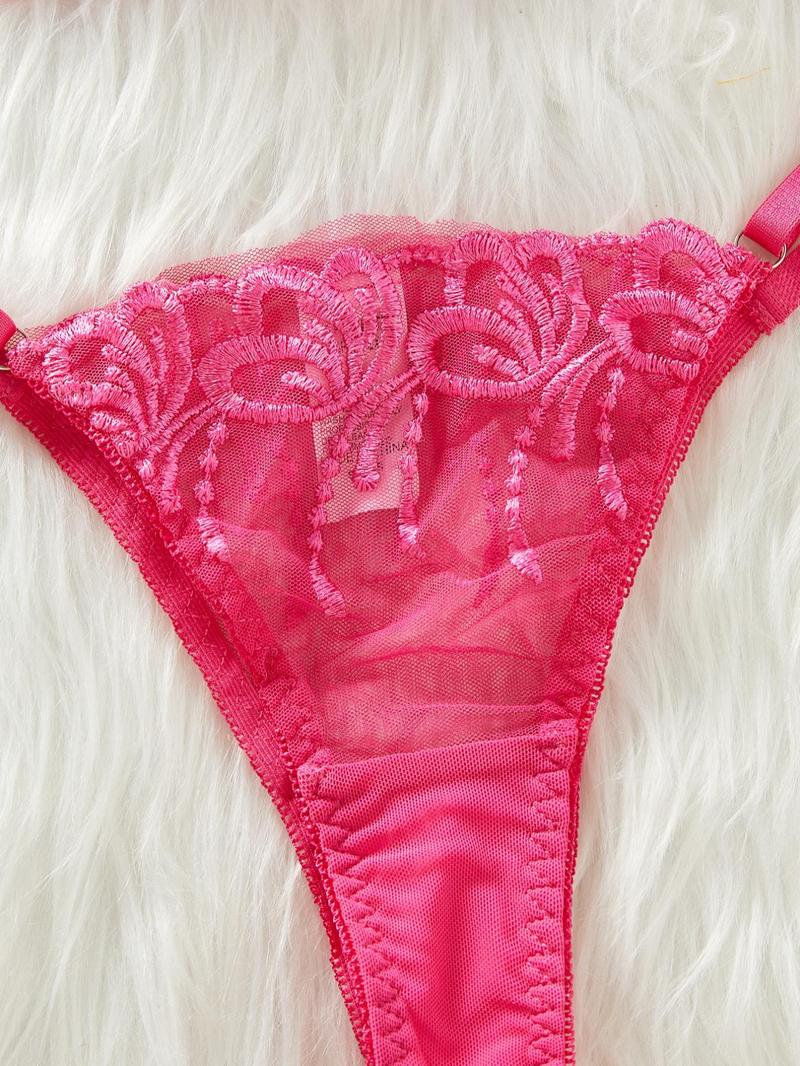 Product Introduction of Women's Solid Color Floral Embroidery Bra & Thong Two-piece Set, Sexy Cute Adjustable Strap Unlined Bra & Panty Set, Lingerie Set for Women 4