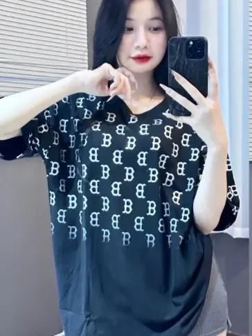 Áo phông chữ B in nửa thân chất cotton khô 3158 Nữ Top hot trend Women Cổ Tròn Màu Đen 3