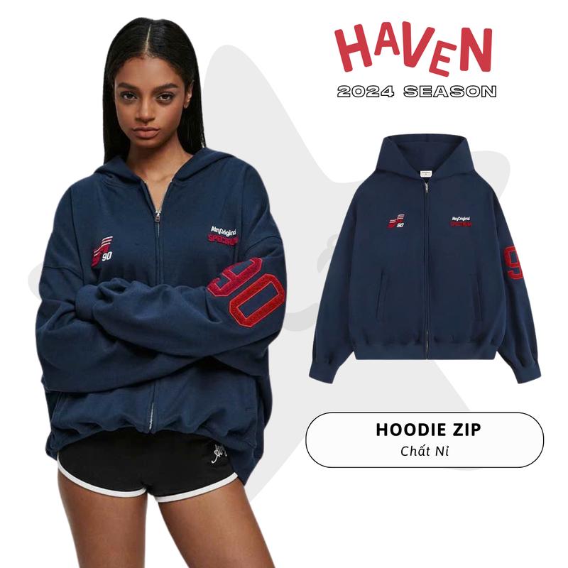 Áo khoác Hoodie Zip form boxy bigsize Haven rộng chất liệu vải nỉ mềm Thu Đông màu xanh đen Nữ