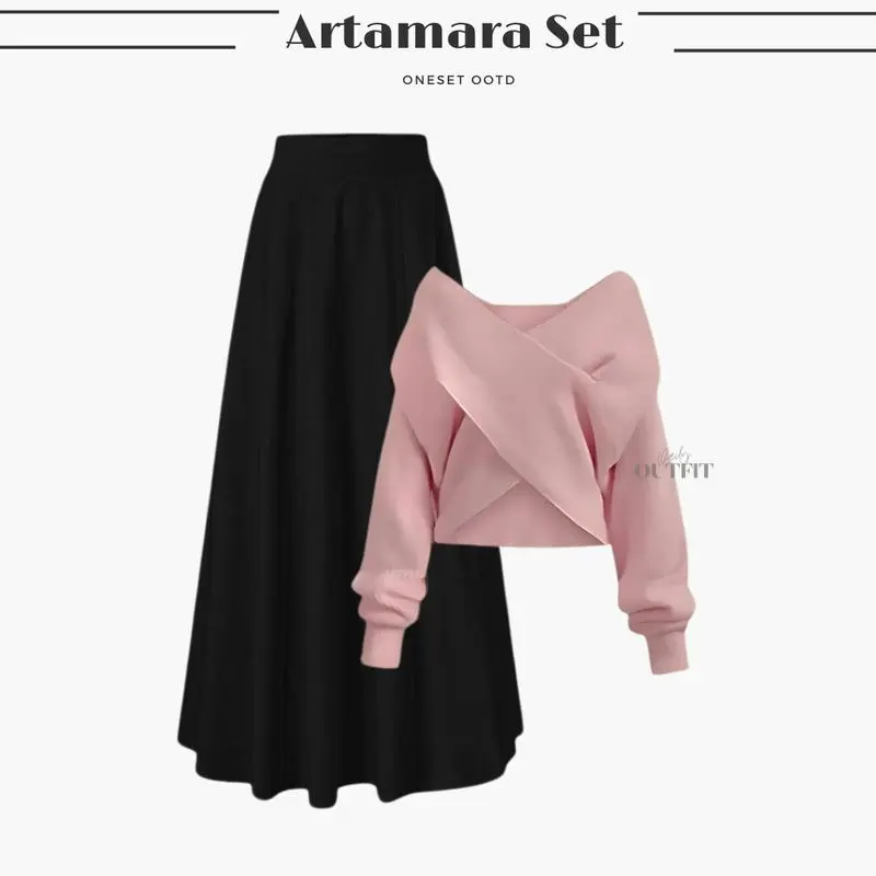 Bramantyashop - Artamara Set Outfit wanita | Atasan Sweater Rajut Cross Korean Knitted | Bawahan Rok Scuba Premium | Setelan Oneset wanita | OOTD Korean Look | Setelan Remaja Casual Panjang 4