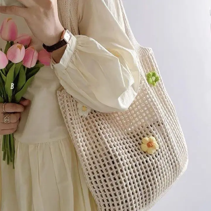 Túi Tote Sợi Dệt Kim, Phong Cách Mori, Đeo Một Bên Vai, Thiết Kế Hoa Phồng Tươi Mới, Thường Ngày Và Dễ Phối Đồ Sức Chứa Lớn, Ins