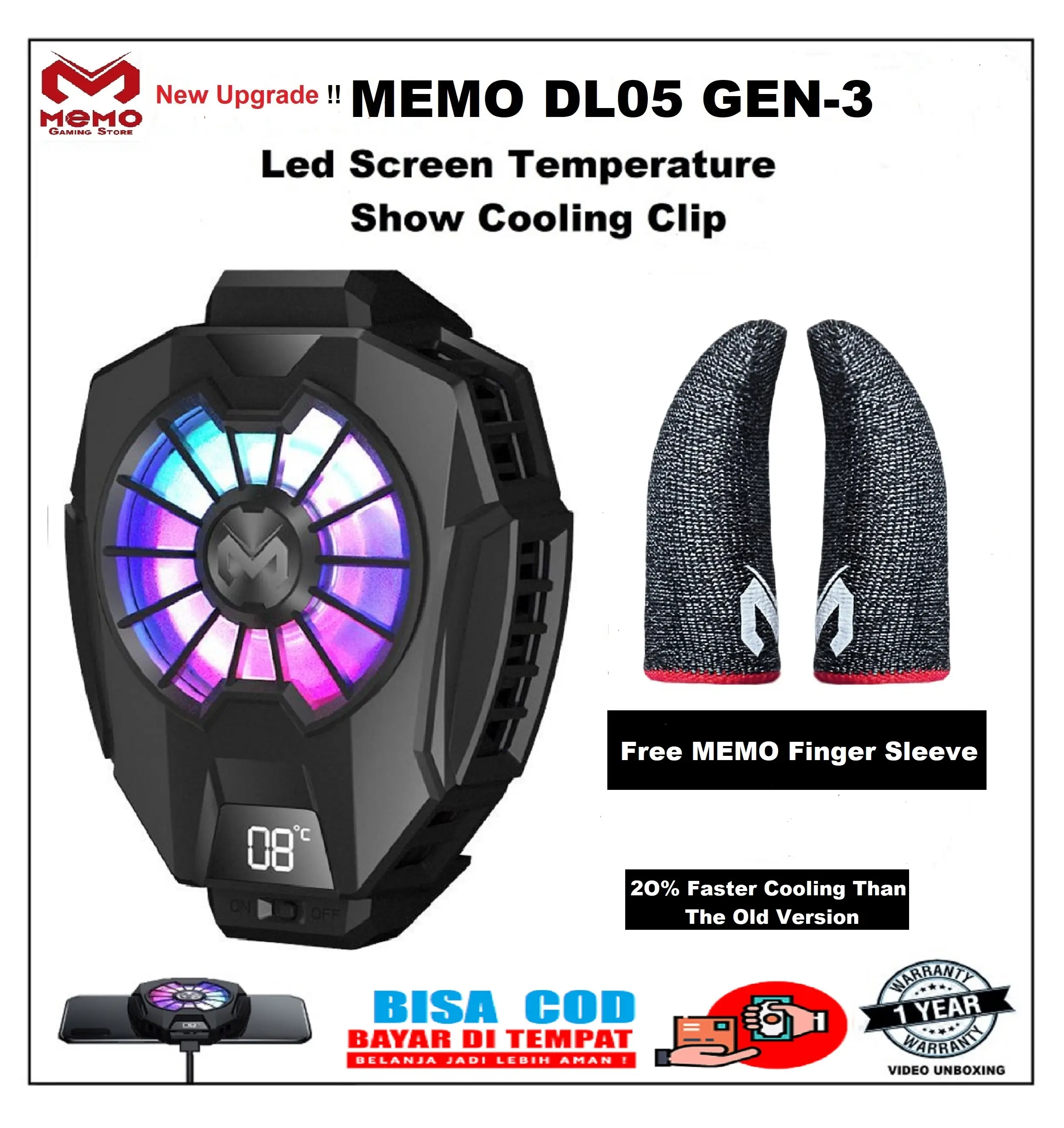 Original Memo DL05 New Gen 3 Fancooler  Semiconductor Mobile Radiator Pendingin HP  Cooling fan Gaming RGB Light Garansi Pabrik Kipas Cooler Led Telepon Handphone Ponsel Hitam Angin
