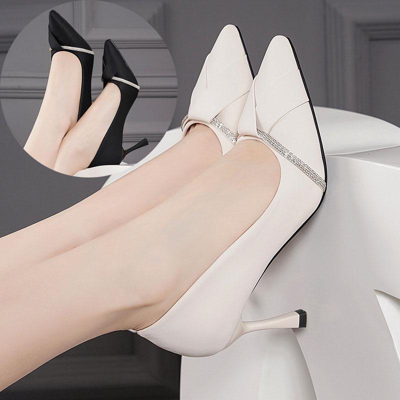 Giày Cao Gót Nữ 7 Phân Gót Nhọn Bít Mũi Đen Trắng - Size 35-40 - Mã CG848