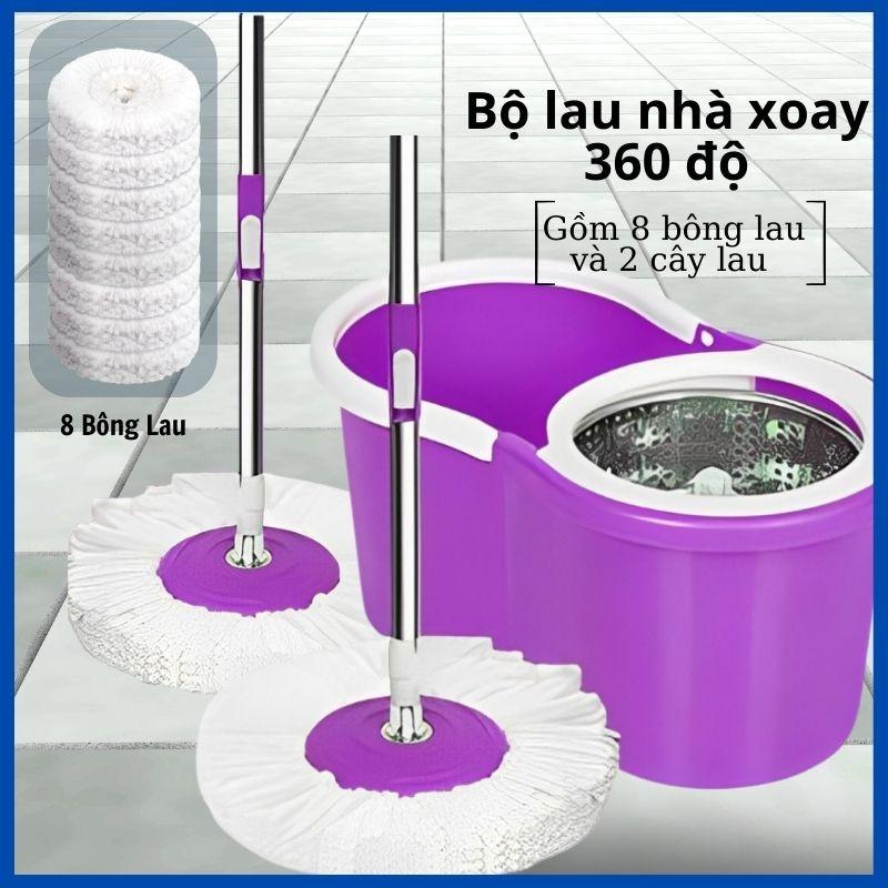 Thùng lau nhà thông minh 360 độ kèm 2 cây chổi và 8 bông lau - Bộ lau nhà cao cấp cây inox kèm bông cotton Lau Sàn Cây Lau Nhà