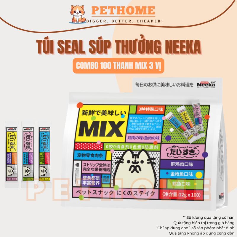 Túi SEAL Gói 100 Thanh Súp Thưởng Neeka Cho Mèo Bổ Sung Nước Dinh Dưỡng Kích Thích Thèm Ăn