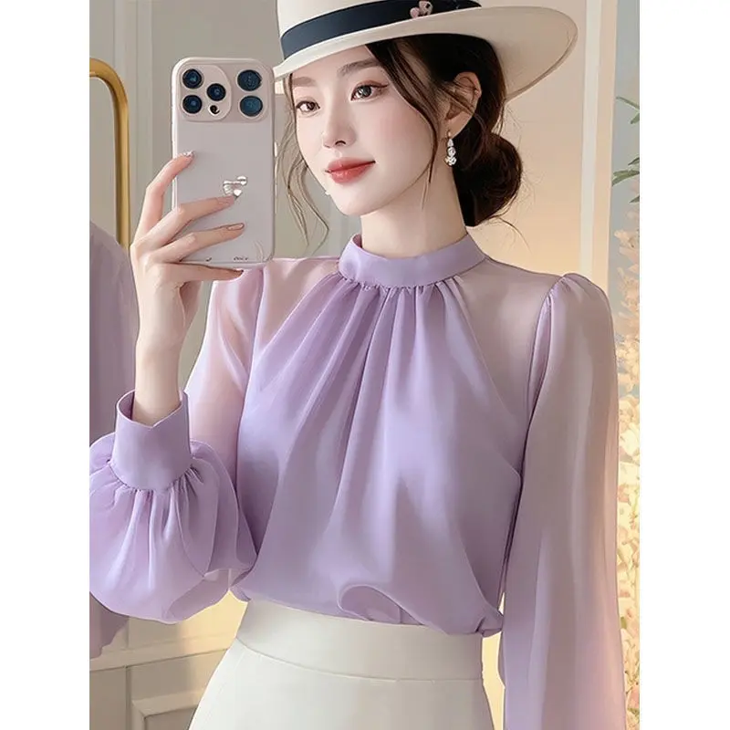 Áo Cánh Voan, Hàng Mới Về Đầu Mùa Thu, Phong Cách Sang Trọng Sang Trọng Hàn Quốc, Thanh Lịch, Dành Cho Phụ Nữ, Cao Cấp, Chống Nắng Màu Tím, Áo Sơ Mi Dài Tay Áo, Đi Lại
