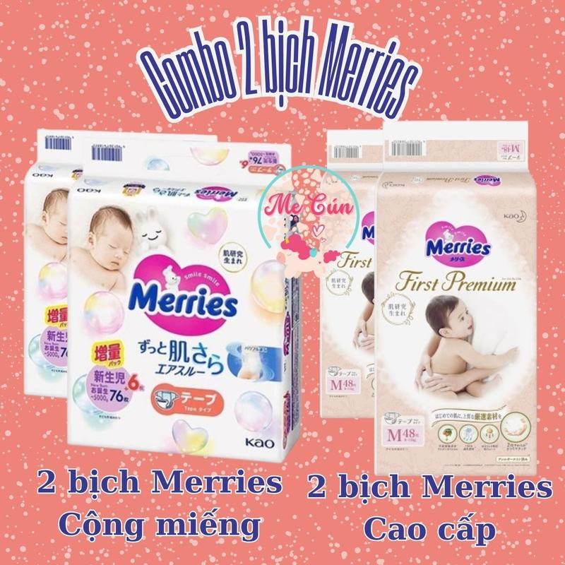 COMBO 2 BỊCH Tã quần dán Merries Cộng miếng Merries Cao cấp First Premium dán NB76+6 S70+6 M56+4 Quần M52+6 L44+6 XL38+6 ,XXL26 Bỉm Cho Bé Voi