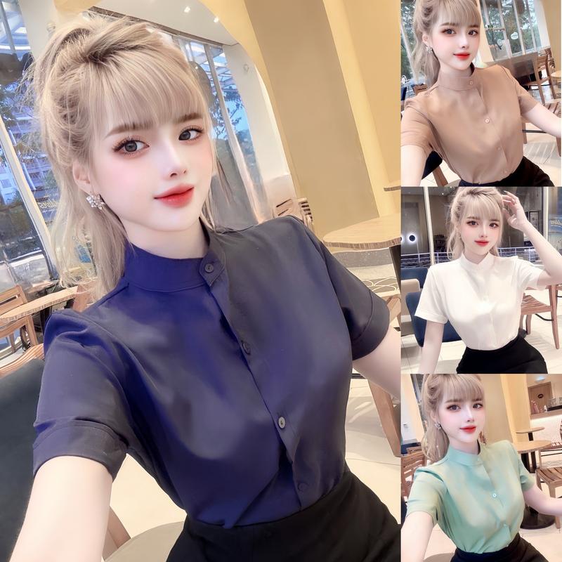 Áo sơ mi nữ tay ngắn cổ trụ, Áo cổ tàu, áo sơ mi nữ đẹp