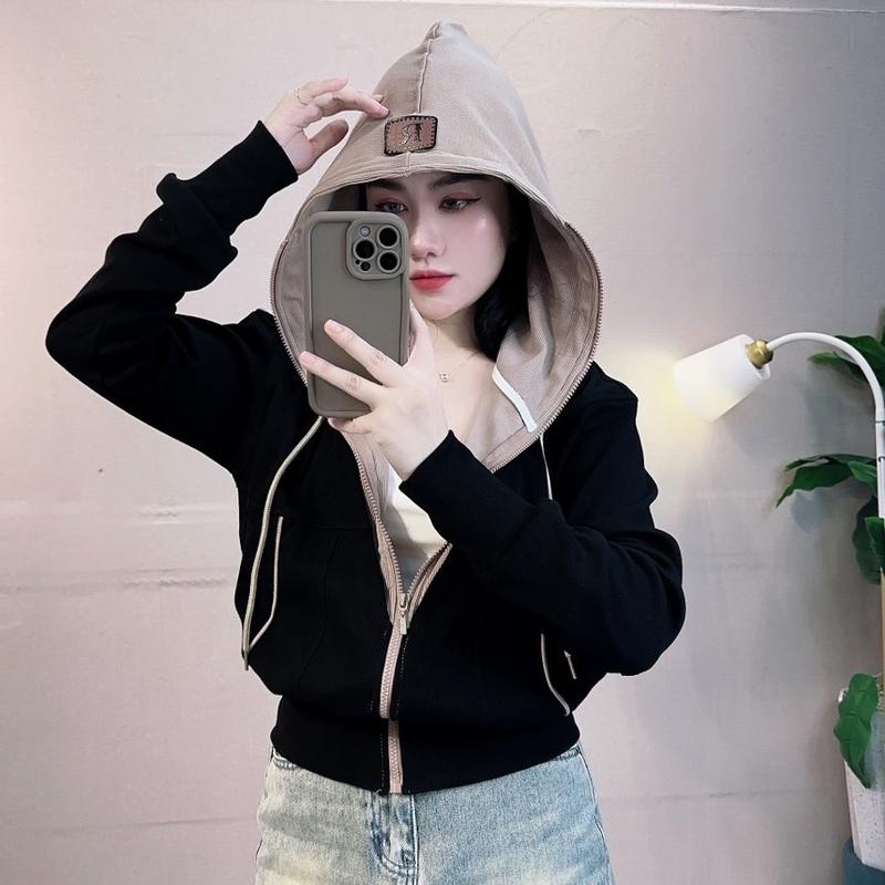 ÁO KHOÁC GÂN HÀN PHỐI MÀU 6 TÚI Nữ Women Jacket Top Nhung 2