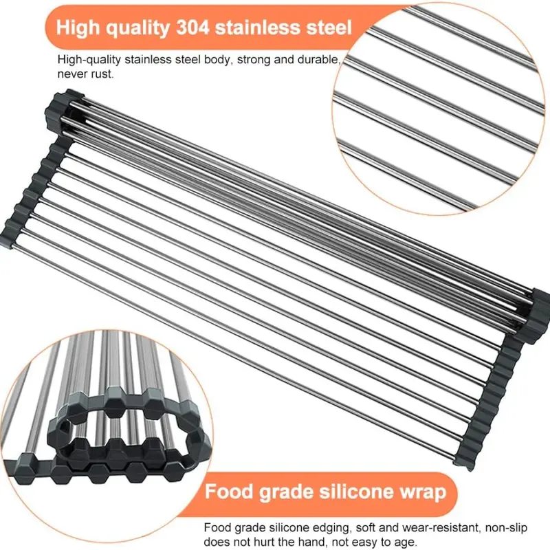Rak Cuci Piring Lipat Stainless Foldable Kitchen Sink Drain Rack Multifungsi Anti Karat Penyimpanan 4