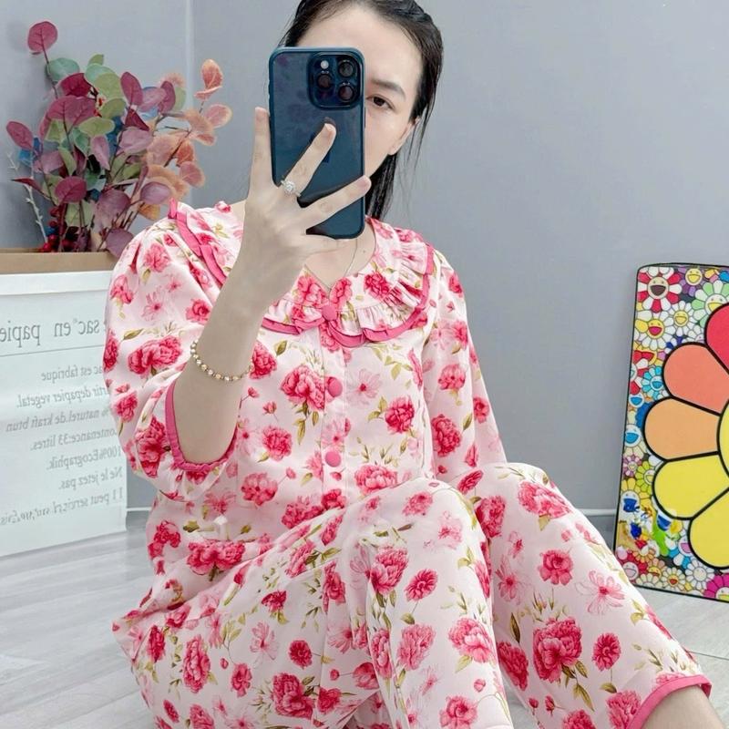  Đồ Bộ Tay Lỡ Quần Dài Bảng Màu 5 Lụa Mango Ống Suông Phối Ren Size 40-75 Ký #0631 Nhung Áo 