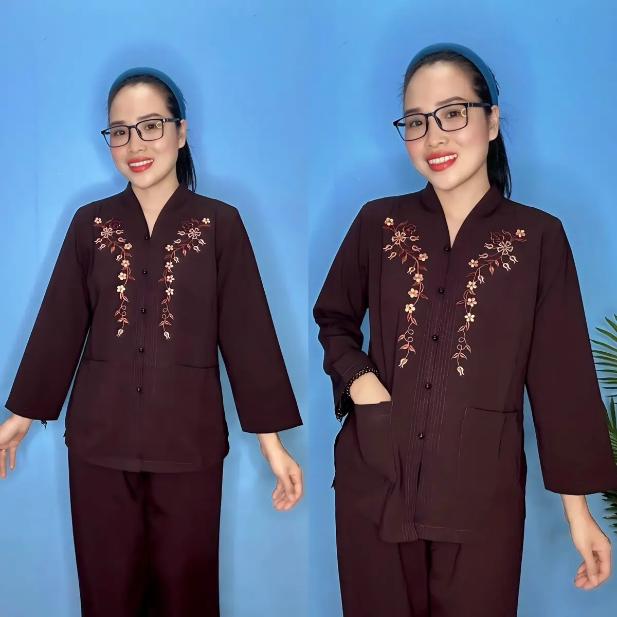 Đồ Lam Đi Chùa BIGSIZE - Bà Lai Thêu Vải Siêu Mềm 2 Túi Áo Top Women