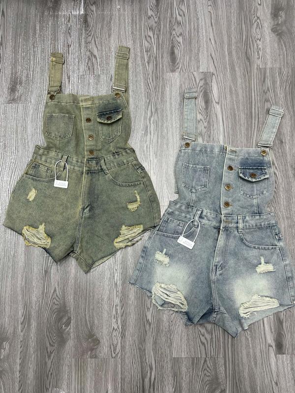 (Ảnh thật) Yếm short jean nữ xanh bụi phối túi hộp rách gấu (kèm áo quây thun borip) [CHĂMCHĂMM65]