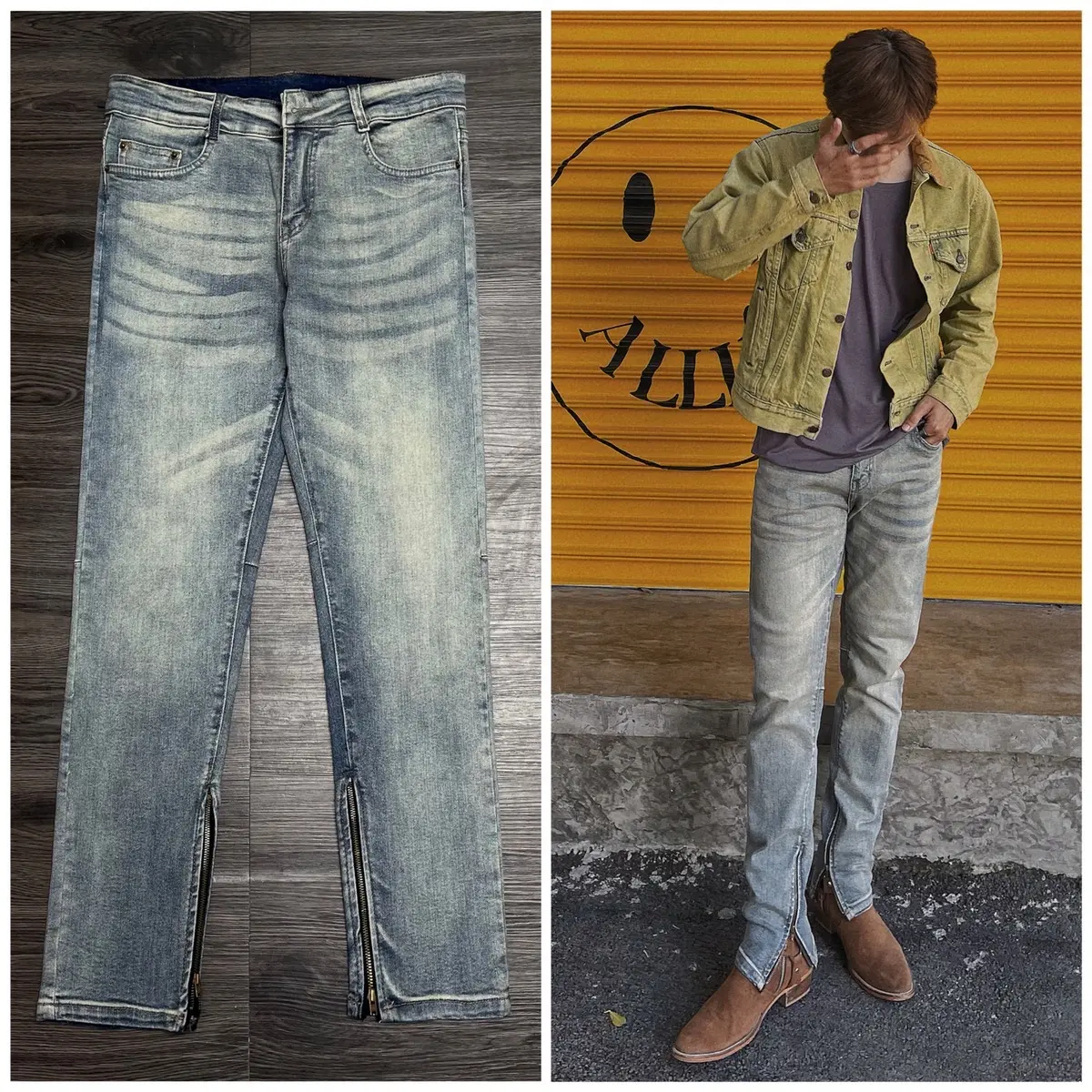 QUẦN JEANS SLIMFIT ZIPPER XANH BỤI TRƠN TALURETRO