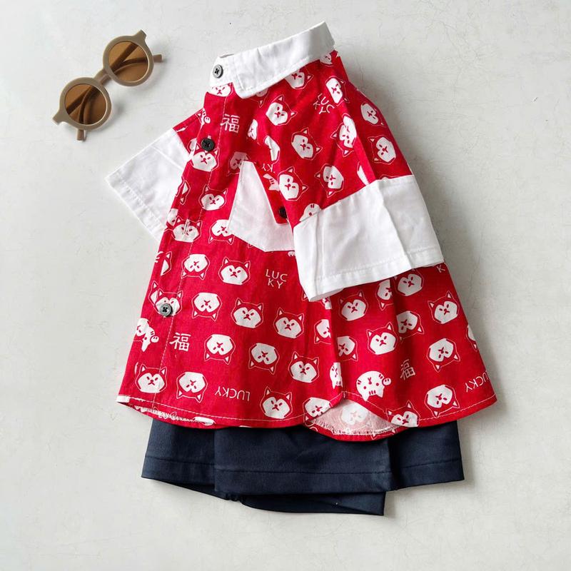 9-34KG Set sơ mi bé trai ngắn tay Họa tiết ĐỎ phong cách Hàn Quốc chất cotton mềm mát cho bé Vải Cotton