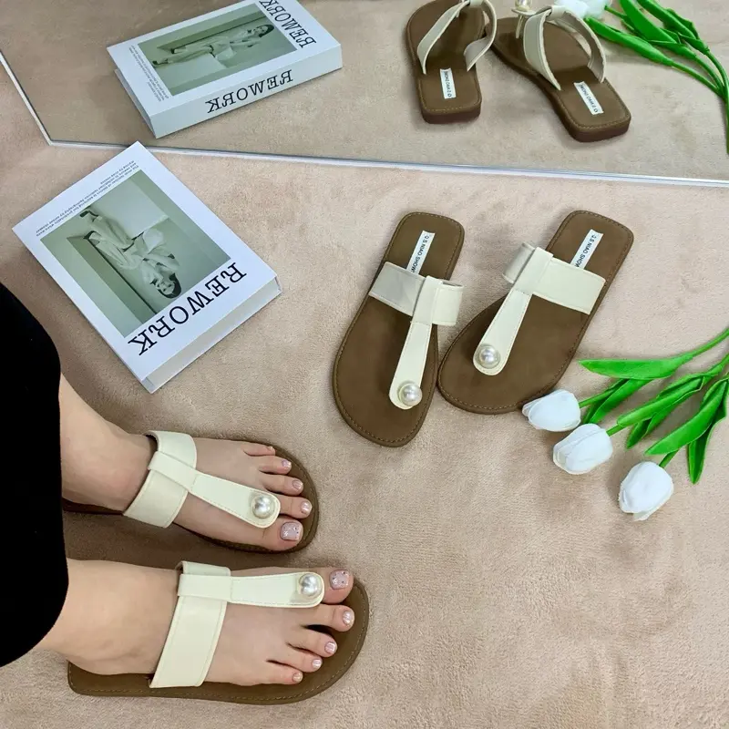 Dép nữ xỏ ngón đính ngọc trai, đế da mềm đi êm chân, đi biển đi chơi đều xinh