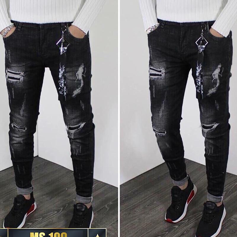 QUẦN JEAN NAM ĐEN RÁCH CAO CẤP - CHẤT DENIM CO GIÃN DÁNG ÔM CHÂN PHONG CÁCH - MS 109