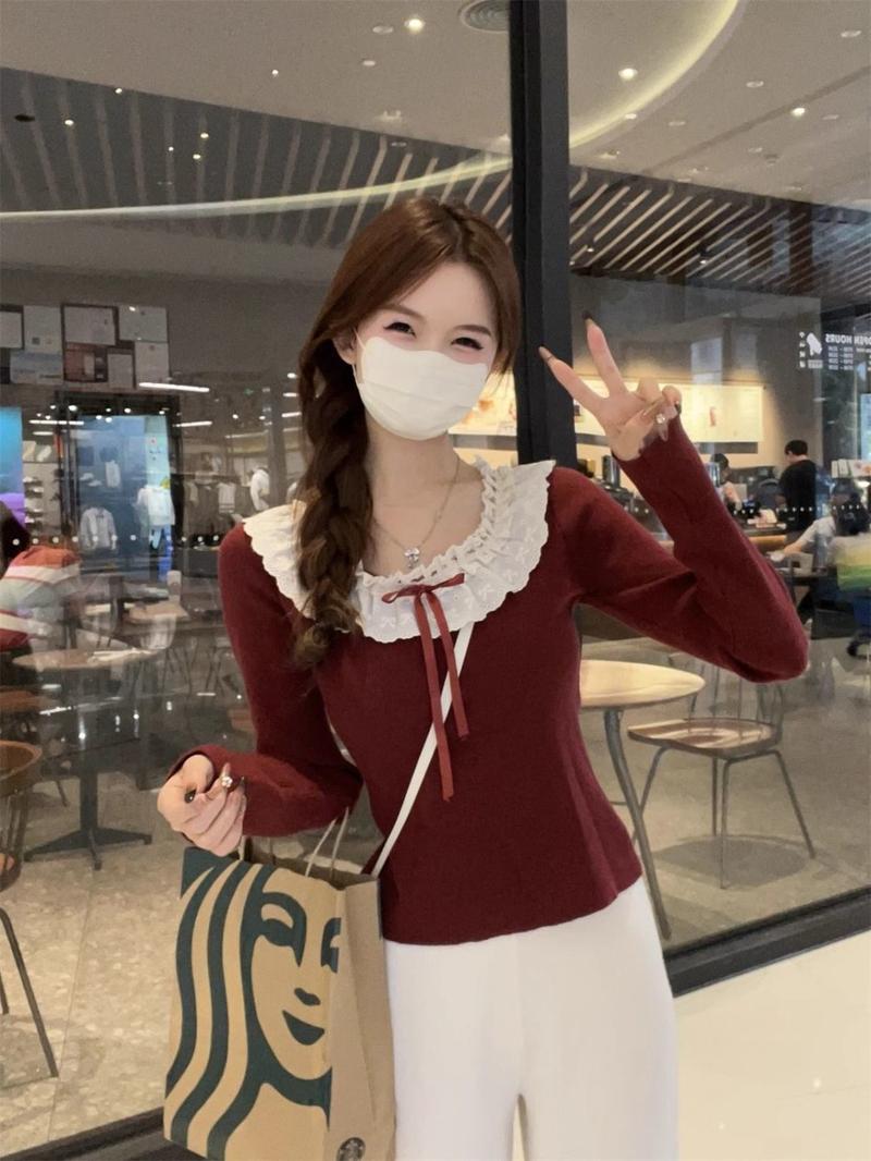 Product Introduction of Áo Sơ Mi Lông Cừu, Cổ Búp Bê Thiết Kế Màu Đỏ, Ấm Áp Và Mềm Mại, Áo Dài Tay Sang Trọng Nơ Ren Mùa Thu Và Mùa Đông Của Phụ Nữ Women Top 12