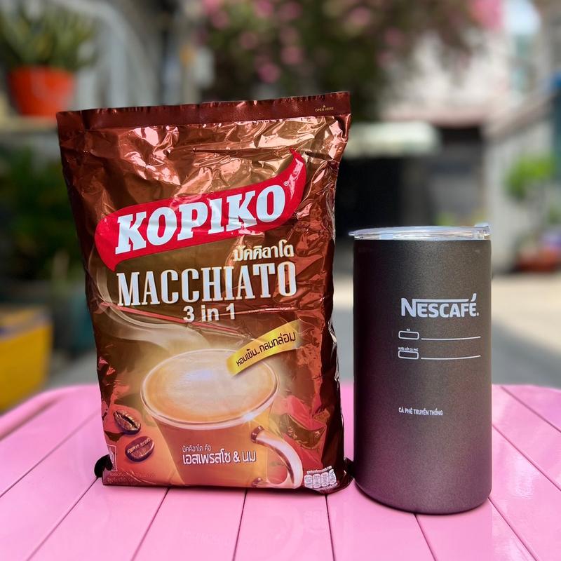 Combo 1 bịch cafe kopico Macchiato 3in 1 thái lan + 1 ly inox giữ nhiệt 600ml  tặng kèm ống hút và túi đựng ly Socola Coffee
