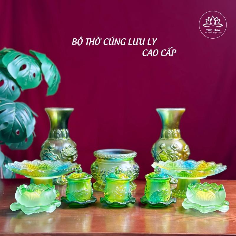 Bộ Lưu ly Xanh Bình Hoa Lư Nhang Đĩa Chung Án - Tuệ Nga