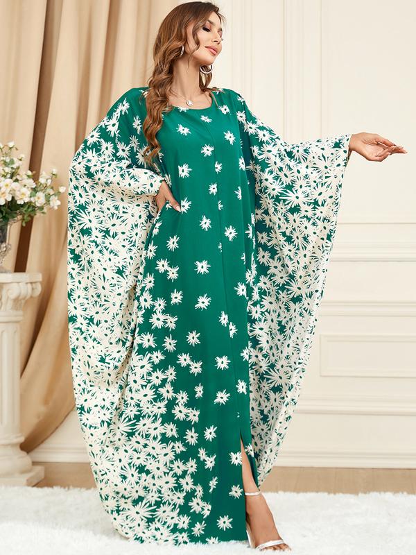 Product Introduction of 3421 Muslim Middle East Discount Fashion Clothing Green Batwing Sleeve Loose Fashion plus Size Dress 3