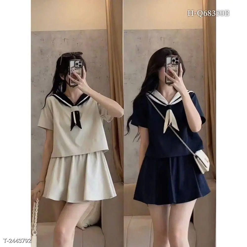 SET áo croptop cổ thủy thủ kèm chân váy xếp li Freesize dưới 62kg chất mango mềm mịn