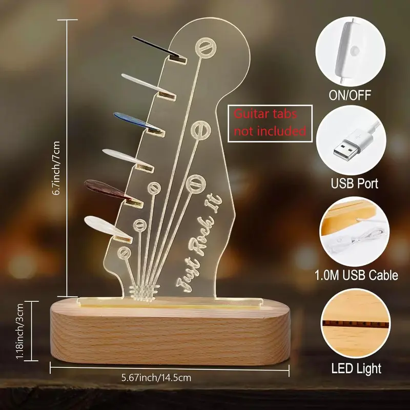 Guitar Shaped USB Rechargeable Night Light, Creative Guitar Design Ambient Night Light with Wooden Base, Decorative Light for Home Bedroom Living Room 1