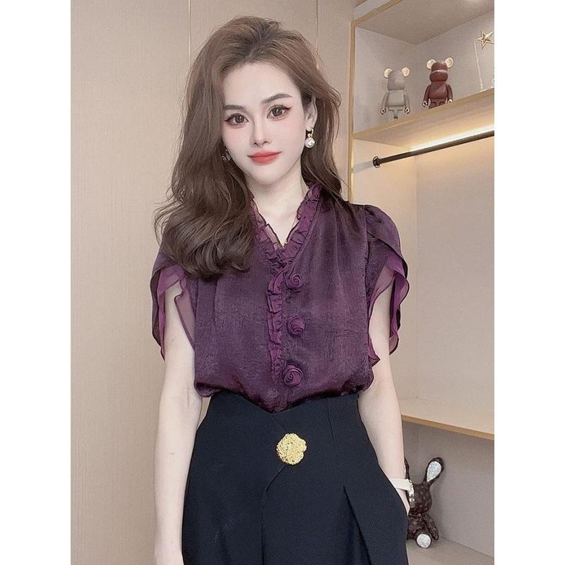 Áo Sơ Mi Mùa Hè, Thời Trang Thanh Lịch, Dành Cho Nữ, Màu Tím, Với Viền Dây Và Vải Lụa Lạnh Voan Phồng Tay Áo, Thiết Kế Hoa Ba Chiều Hàng Mới Về 4